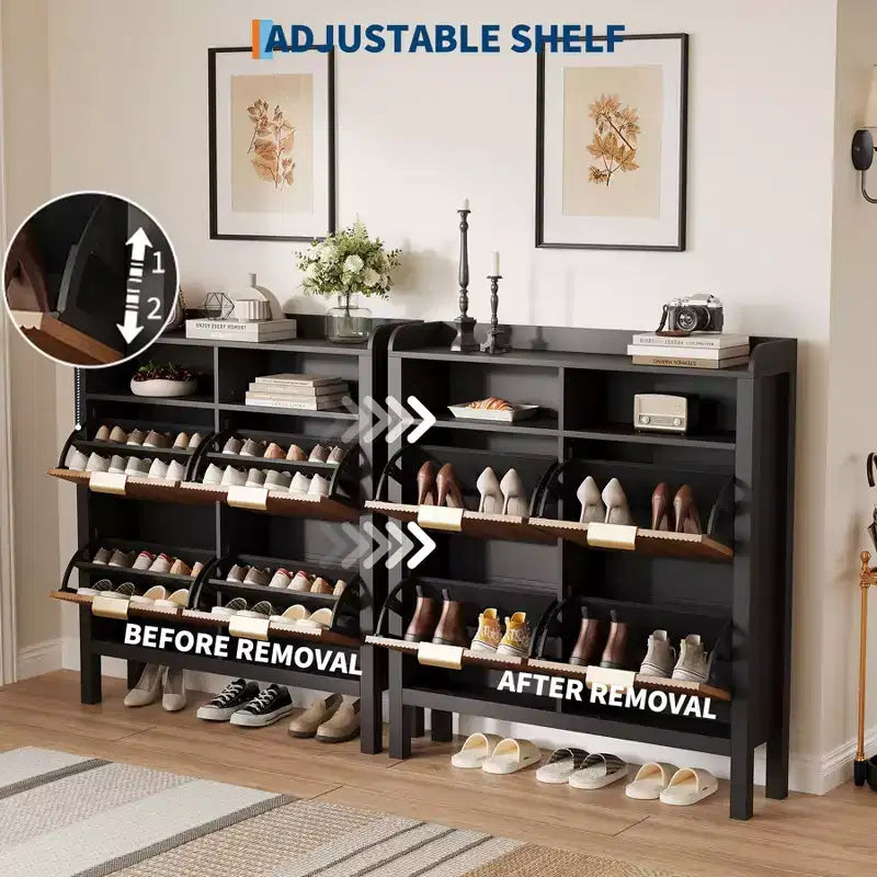 4-Drawer Flip-Top Shoe Cabinet - Vacuum-formed MDF with wave design, dual-compartment storage, ideal for balconies and storage rooms