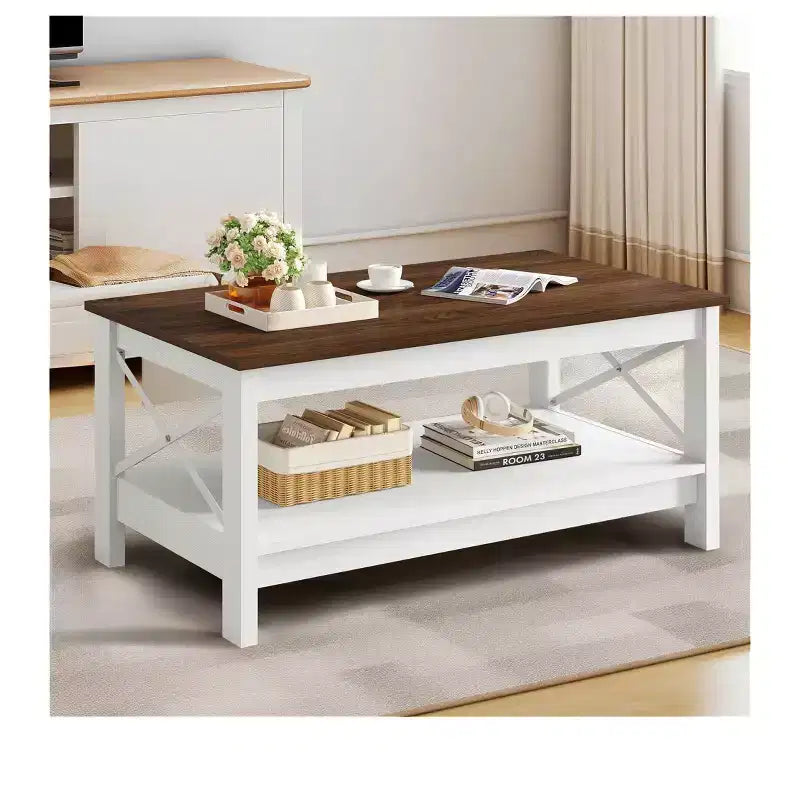 Farmhouse Coffee Table With Storage Wood 2 Tier Center Cocktail Table Living Room, White