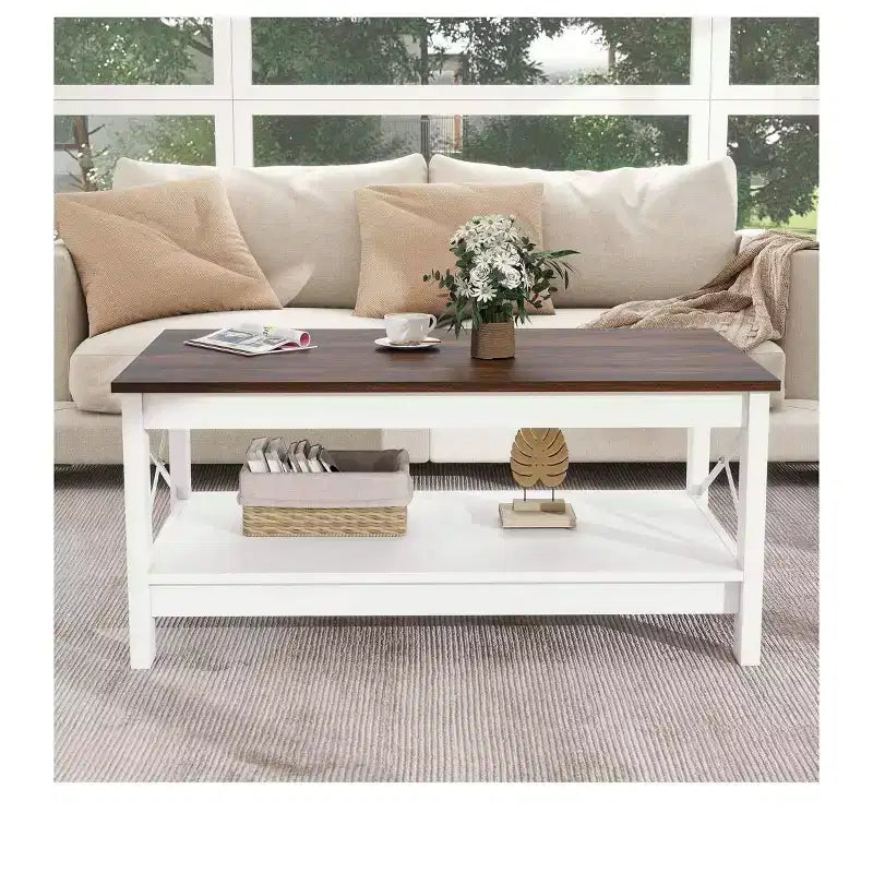 Farmhouse Coffee Table With Storage Wood 2 Tier Center Cocktail Table Living Room, White