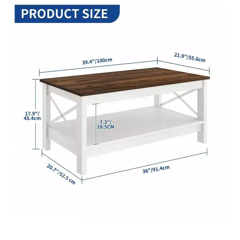 Farmhouse Coffee Table With Storage Wood 2 Tier Center Cocktail Table Living Room, White
