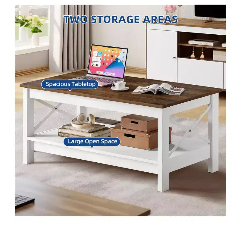Farmhouse Coffee Table With Storage Wood 2 Tier Center Cocktail Table Living Room, White