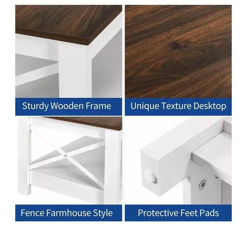 Farmhouse Coffee Table With Storage Wood 2 Tier Center Cocktail Table Living Room, White