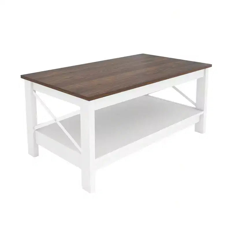 Farmhouse Coffee Table With Storage Wood 2 Tier Center Cocktail Table Living Room, White
