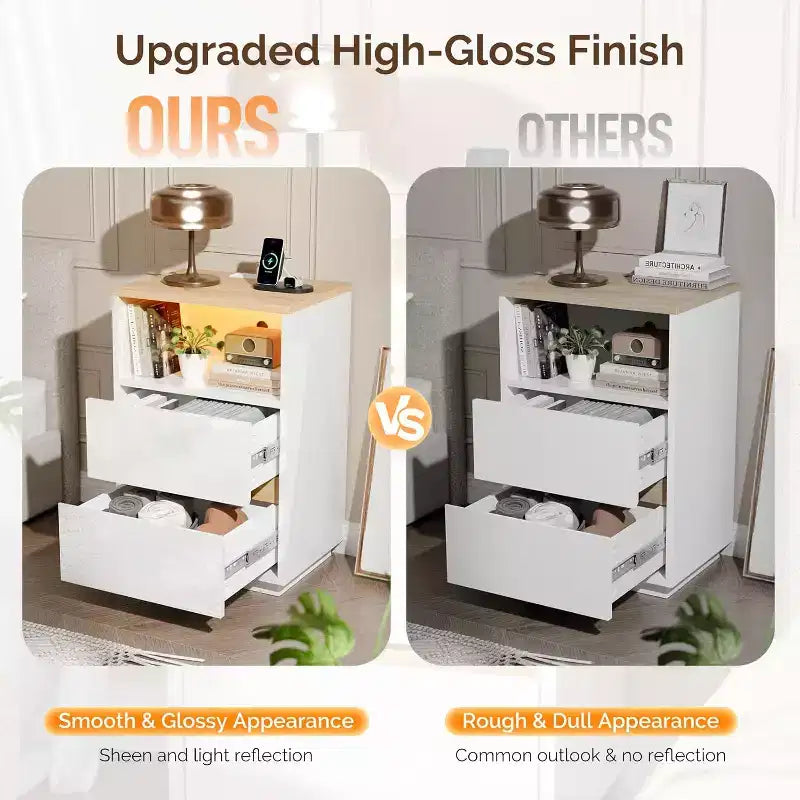 White Nightstand with Charging Station, High Gloss Led Night Stand with Drawers, End Table
