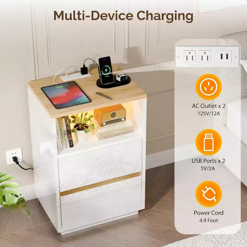 White Nightstand with Charging Station, High Gloss Led Night Stand with Drawers, End Table