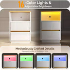 Table de chevet blanche avec station de recharge, Table de chevet LED brillante avec tiroirs, Table d'appoint
