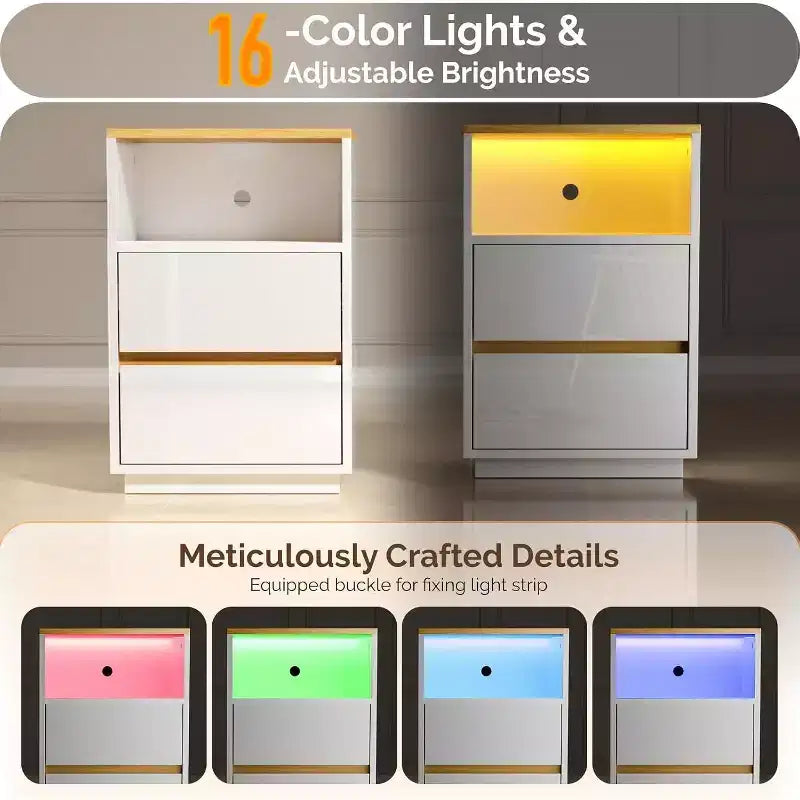 White Nightstand with Charging Station, High Gloss Led Night Stand with Drawers, End Table