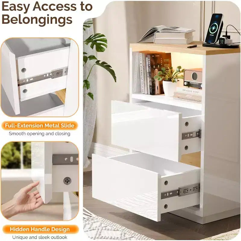 White Nightstand with Charging Station, High Gloss Led Night Stand with Drawers, End Table