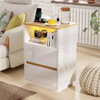 Table de chevet blanche avec station de recharge, Table de chevet LED brillante avec tiroirs, Table d'appoint