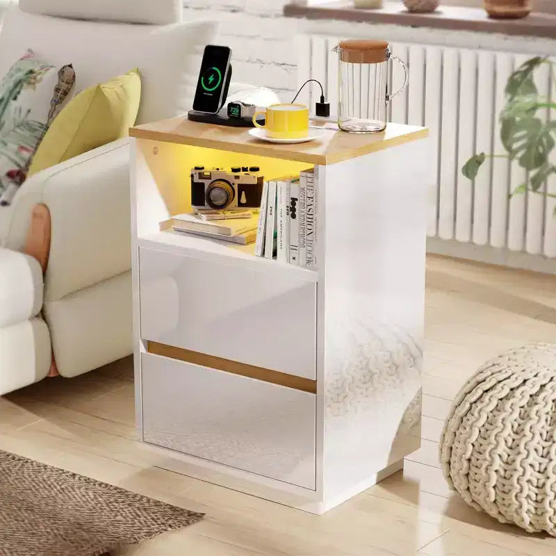 White Nightstand with Charging Station, High Gloss Led Night Stand with Drawers, End Table