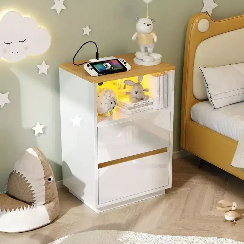 White Nightstand with Charging Station, High Gloss Led Night Stand with Drawers, End Table