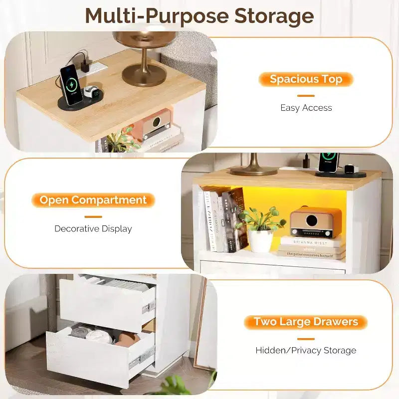 White Nightstand with Charging Station, High Gloss Led Night Stand with Drawers, End Table
