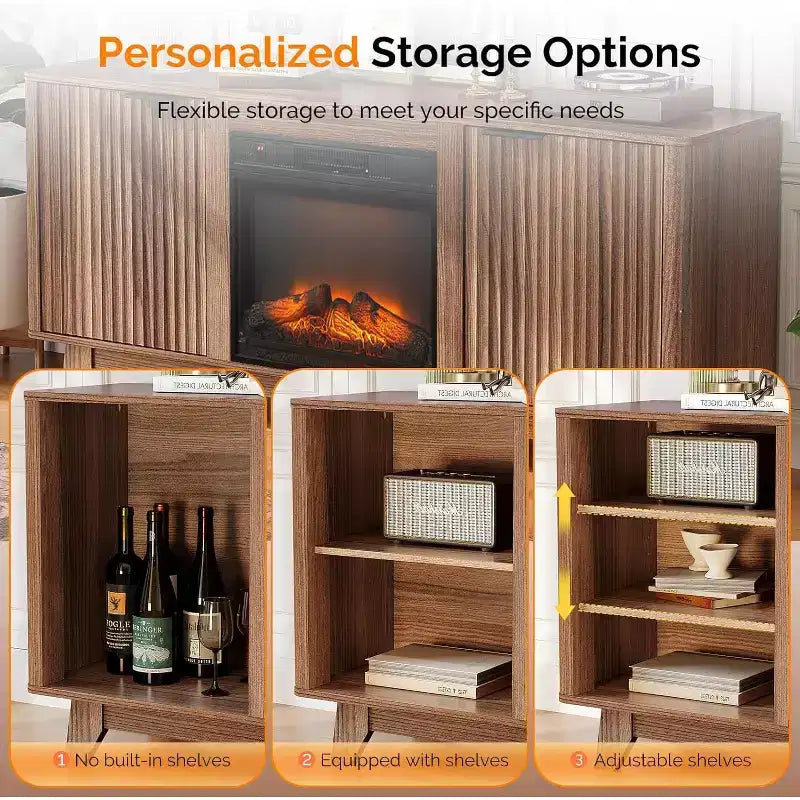 Fluted Fireplace TV Stand for up to 70 inch TVs, Entertainment Center with Electric Fireplace Heater & Adjustable Shelves