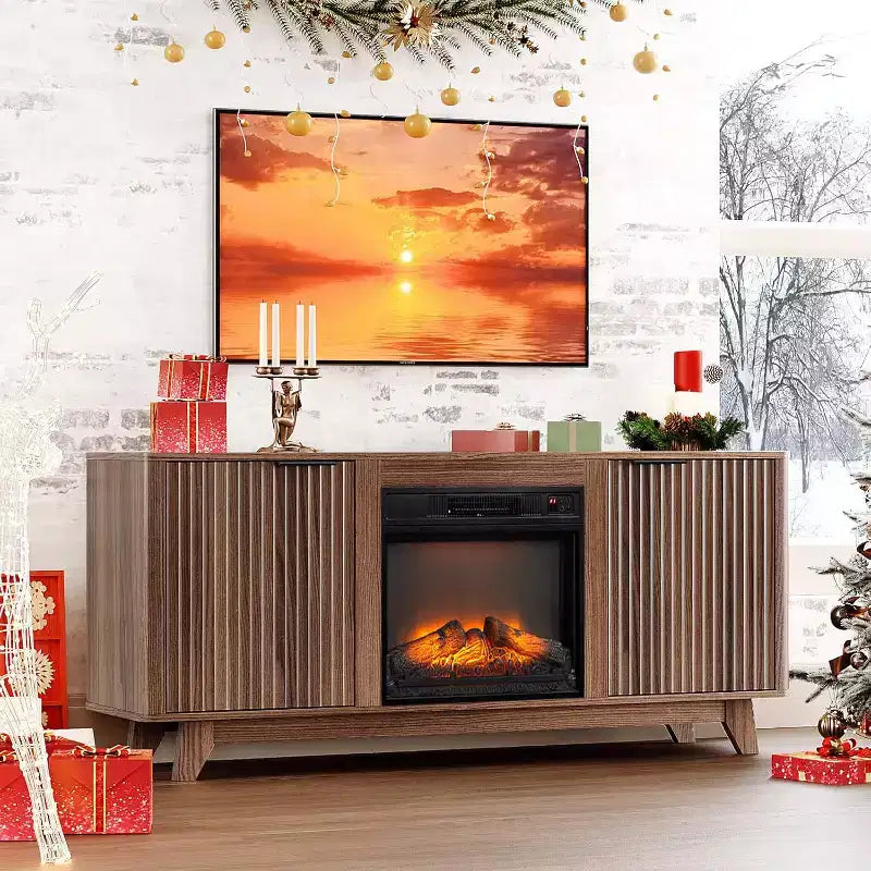 Fluted Fireplace TV Stand for up to 70 inch TVs, Entertainment Center with Electric Fireplace Heater & Adjustable Shelves
