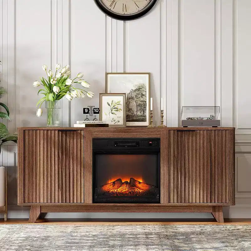 Fluted Fireplace TV Stand for up to 70 inch TVs, Entertainment Center with Electric Fireplace Heater & Adjustable Shelves