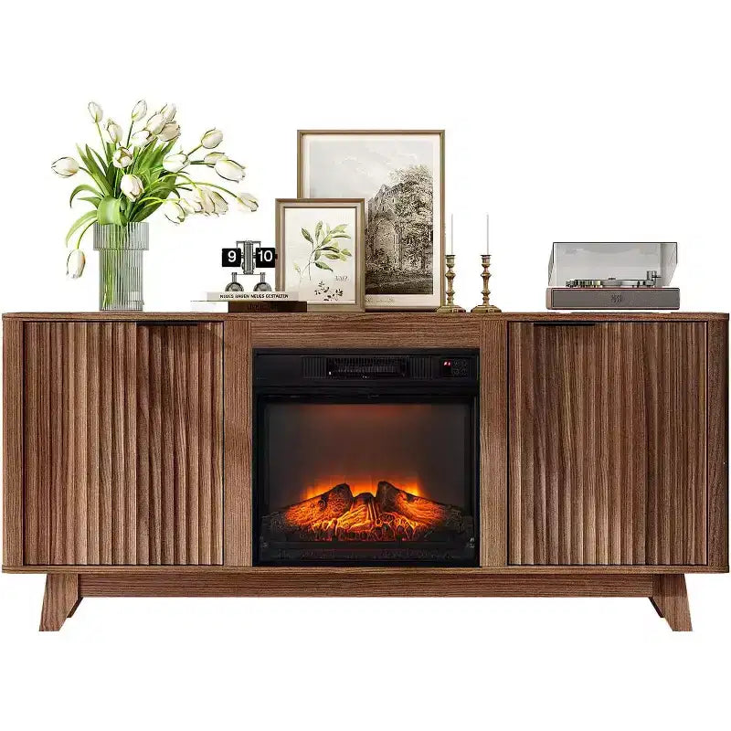 Fluted Fireplace TV Stand for up to 70 inch TVs, Entertainment Center with Electric Fireplace Heater & Adjustable Shelves