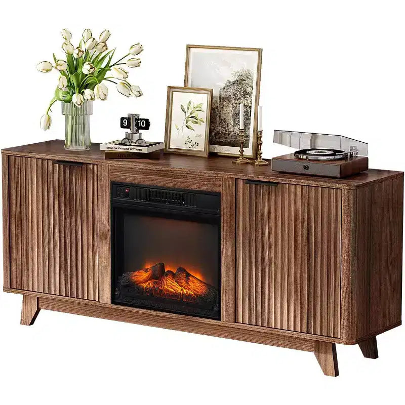 Fluted Fireplace TV Stand for up to 70 inch TVs, Entertainment Center with Electric Fireplace Heater & Adjustable Shelves