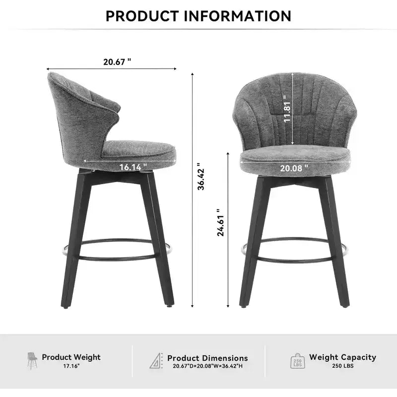 Wing Back Swivel Bar Stools with Upholstered Seat and Wood Legs, Gray