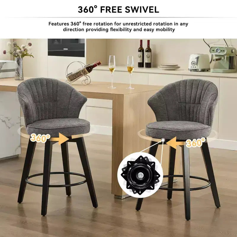 Wing Back Swivel Bar Stools with Upholstered Seat and Wood Legs, Gray