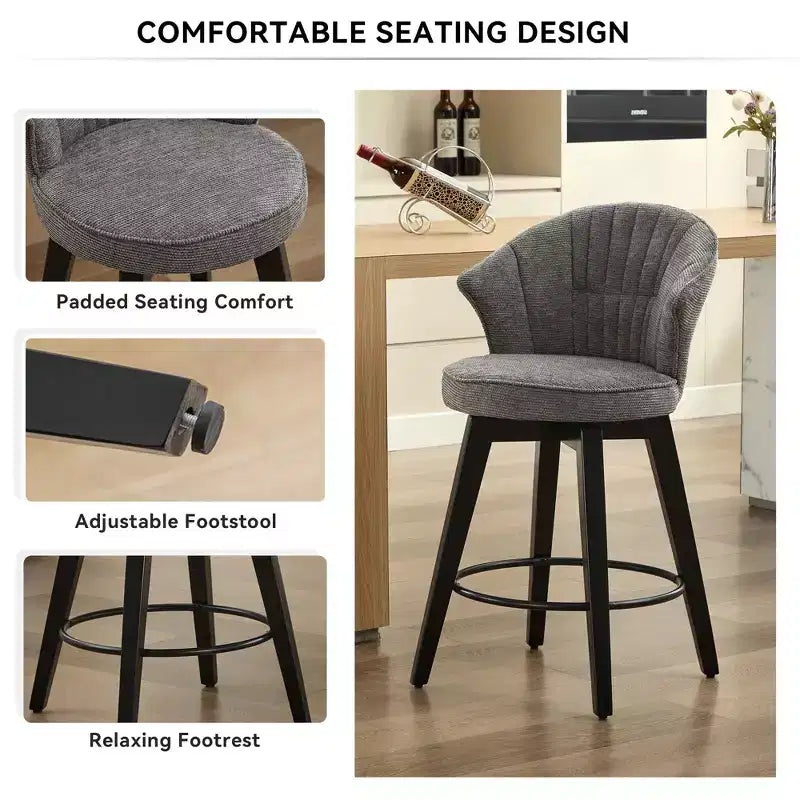 Wing Back Swivel Bar Stools with Upholstered Seat and Wood Legs, Gray