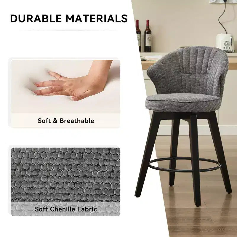 Wing Back Swivel Bar Stools with Upholstered Seat and Wood Legs, Gray