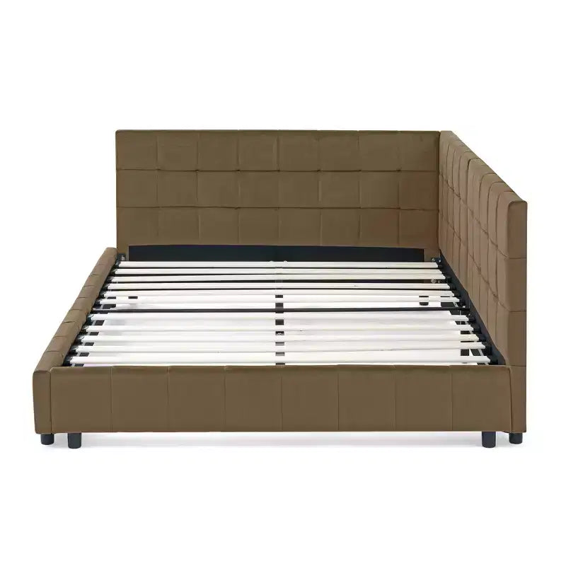Full Size Upholstered Tufted Bed Frame, Sofa Bed Frame with Comfortable Backrest and Armrests, Full Size Bed for Bedroom, Living RoomBrown