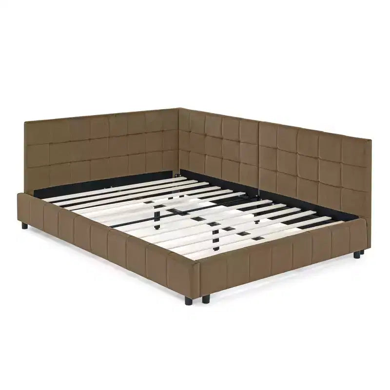 Full Size Upholstered Tufted Bed Frame, Sofa Bed Frame with Comfortable Backrest and Armrests, Full Size Bed for Bedroom, Living RoomBrown