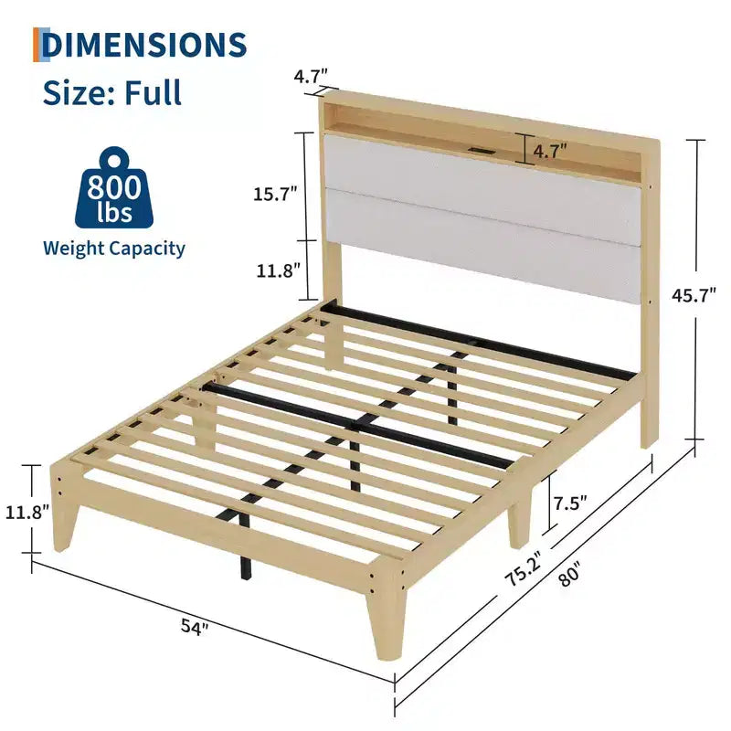 Upholstered Boucle Bed Frame with RGB LED Light and Charging Station, 2-Tier Storage Headboard and Sturdy, Wooden Slats Support
