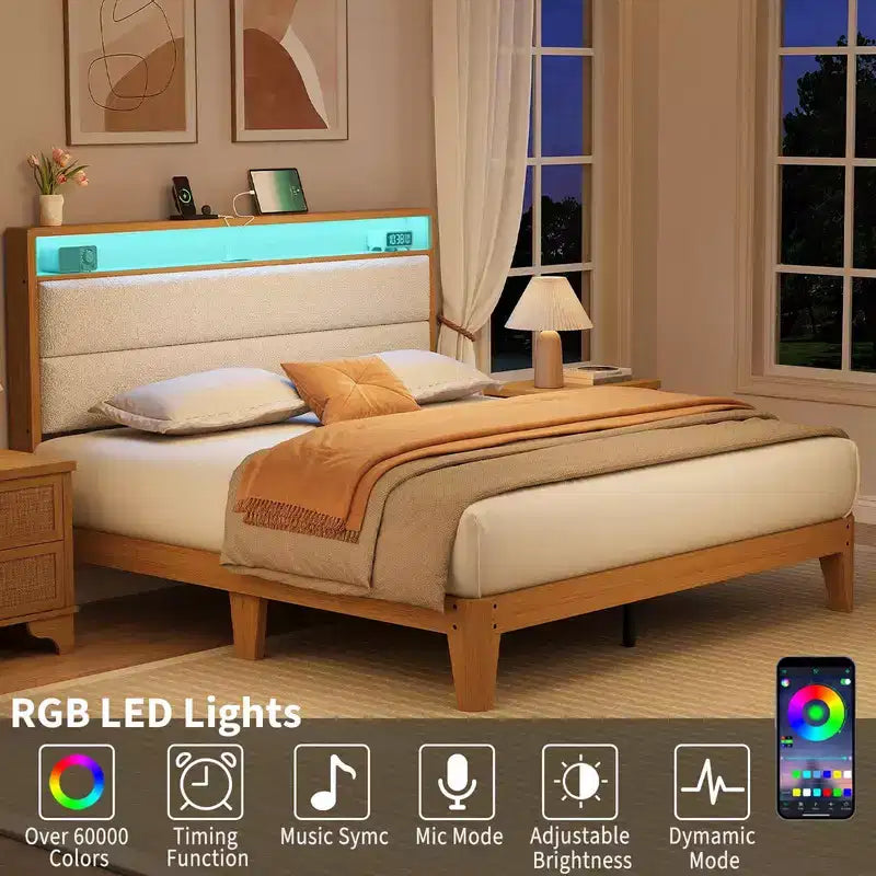 Upholstered Boucle Bed Frame with RGB LED Light and Charging Station, 2-Tier Storage Headboard and Sturdy, Wooden Slats Support