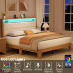 Cadre de lit en tissu bouclette avec éclairage LED RGB et station de charge, tête de lit de rangement à 2 niveaux et support robuste à lattes en bois