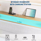 Cadre de lit en tissu bouclette avec éclairage LED RGB et station de charge, tête de lit de rangement à 2 niveaux et support robuste à lattes en bois