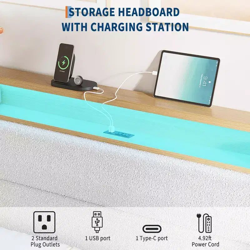 Upholstered Boucle Bed Frame with RGB LED Light and Charging Station, 2-Tier Storage Headboard and Sturdy, Wooden Slats Support