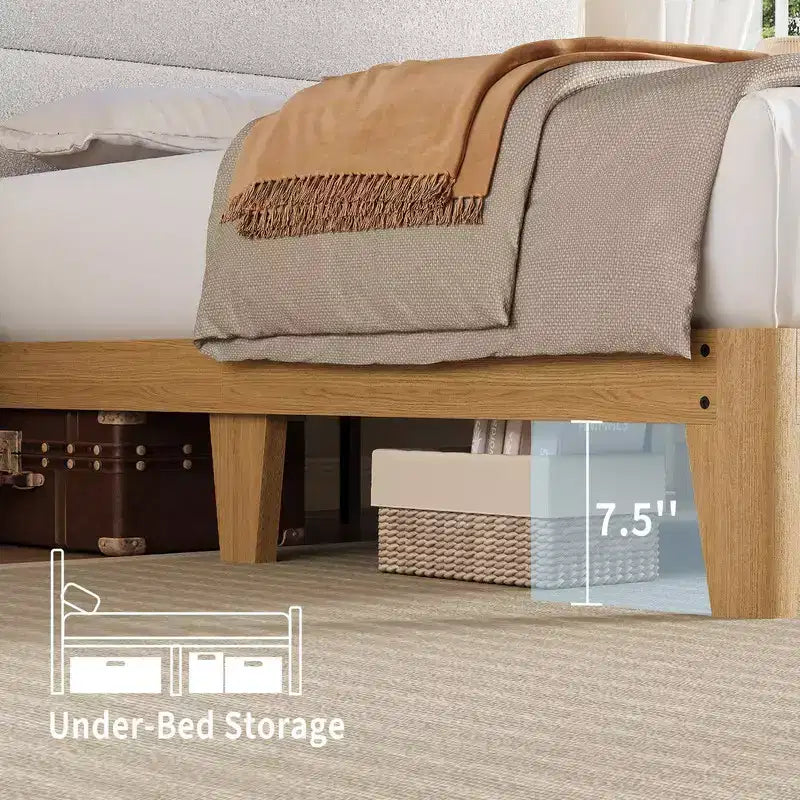 Upholstered Boucle Bed Frame with RGB LED Light and Charging Station, 2-Tier Storage Headboard and Sturdy, Wooden Slats Support