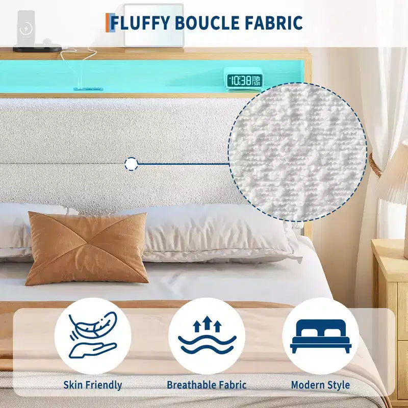 Upholstered Boucle Bed Frame with RGB LED Light and Charging Station, 2-Tier Storage Headboard and Sturdy, Wooden Slats Support