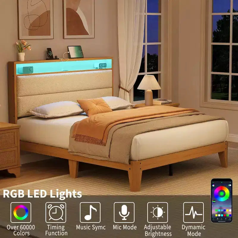 Upholstered Boucle Bed Frame with RGB LED Light and Charging Station, 2-Tier Storage Headboard and Sturdy, Wooden Slats Support
