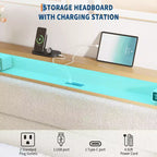 Cadre de lit en tissu bouclette avec éclairage LED RGB et station de charge, tête de lit de rangement à 2 niveaux et support robuste à lattes en bois