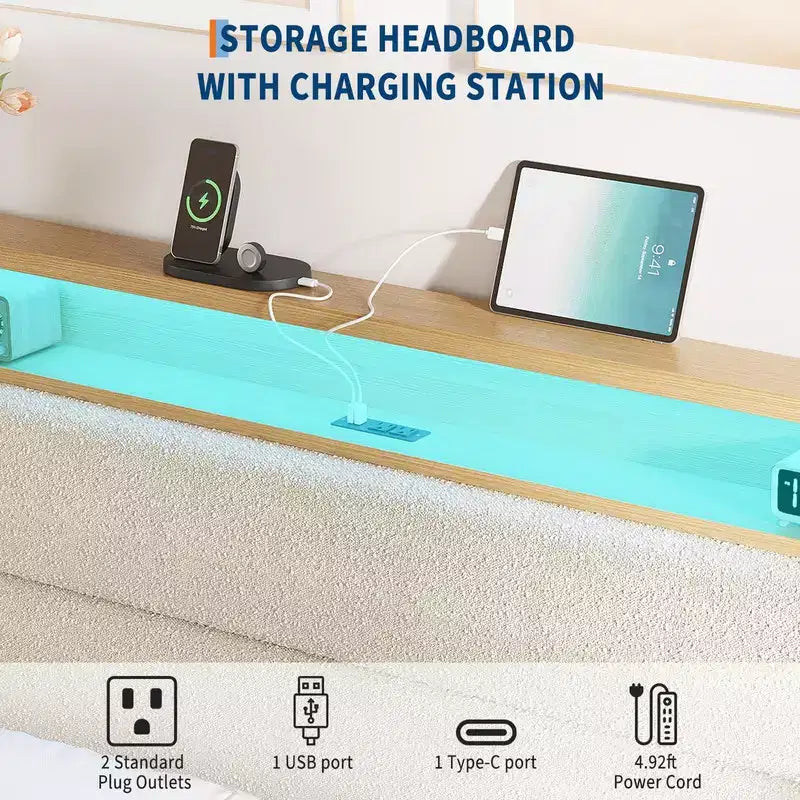 Upholstered Boucle Bed Frame with RGB LED Light and Charging Station, 2-Tier Storage Headboard and Sturdy, Wooden Slats Support