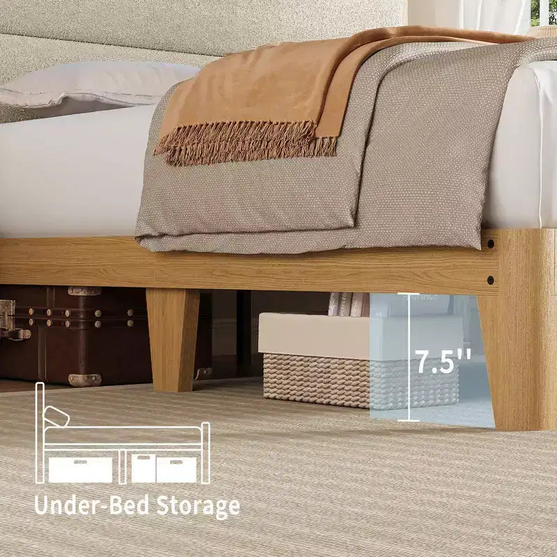Upholstered Boucle Bed Frame with RGB LED Light and Charging Station, 2-Tier Storage Headboard and Sturdy, Wooden Slats Support