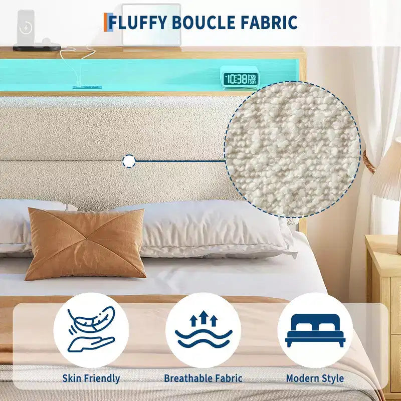 Upholstered Boucle Bed Frame with RGB LED Light and Charging Station, 2-Tier Storage Headboard and Sturdy, Wooden Slats Support