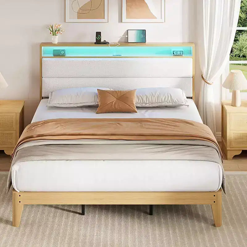Upholstered Boucle Bed Frame with RGB LED Light and Charging Station, 2-Tier Storage Headboard and Sturdy, Wooden Slats Support