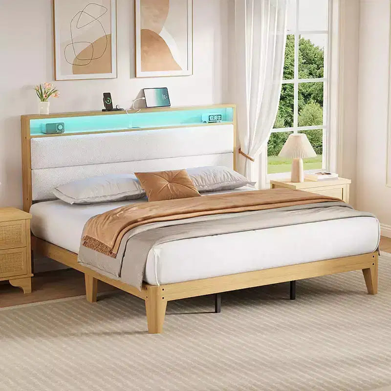 Upholstered Boucle Bed Frame with RGB LED Light and Charging Station, 2-Tier Storage Headboard and Sturdy, Wooden Slats Support