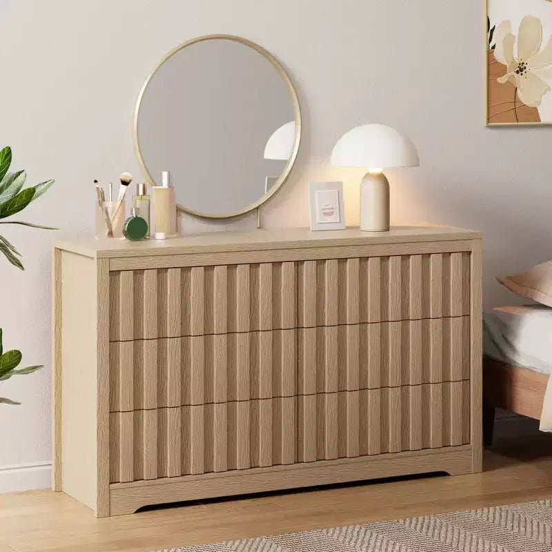 6 Drawer Dresser Wood Tall Nightstand, Striped Fluted Side Table, Mid Century Modern Chest of Drawers,