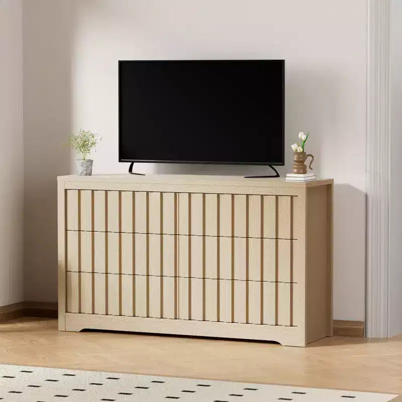 6 Drawer Dresser Wood Tall Nightstand, Striped Fluted Side Table, Mid Century Modern Chest of Drawers,
