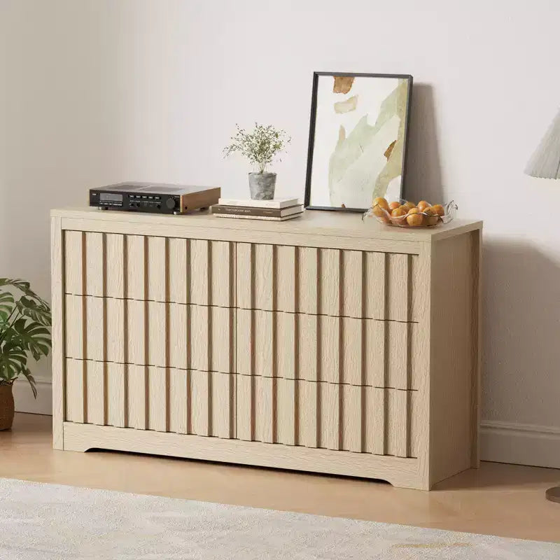 6 Drawer Dresser Wood Tall Nightstand, Striped Fluted Side Table, Mid Century Modern Chest of Drawers,