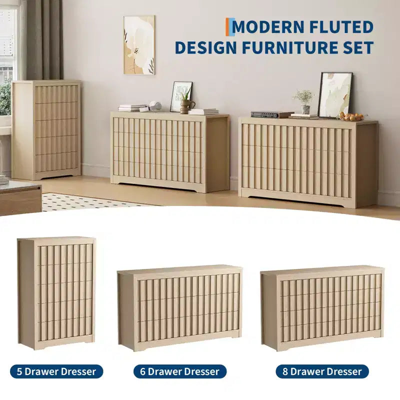 6 Drawer Dresser Wood Tall Nightstand, Striped Fluted Side Table, Mid Century Modern Chest of Drawers,