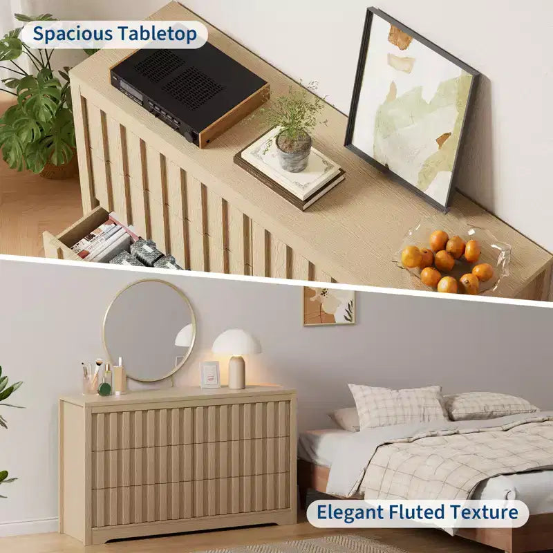 6 Drawer Dresser Wood Tall Nightstand, Striped Fluted Side Table, Mid Century Modern Chest of Drawers,