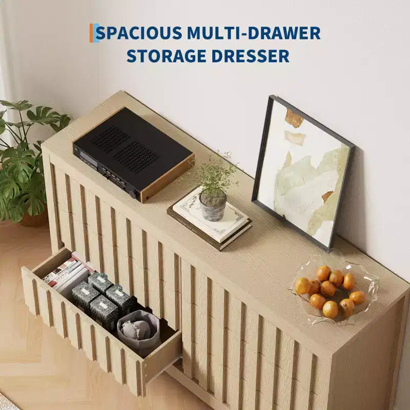 6 Drawer Dresser Wood Tall Nightstand, Striped Fluted Side Table, Mid Century Modern Chest of Drawers,