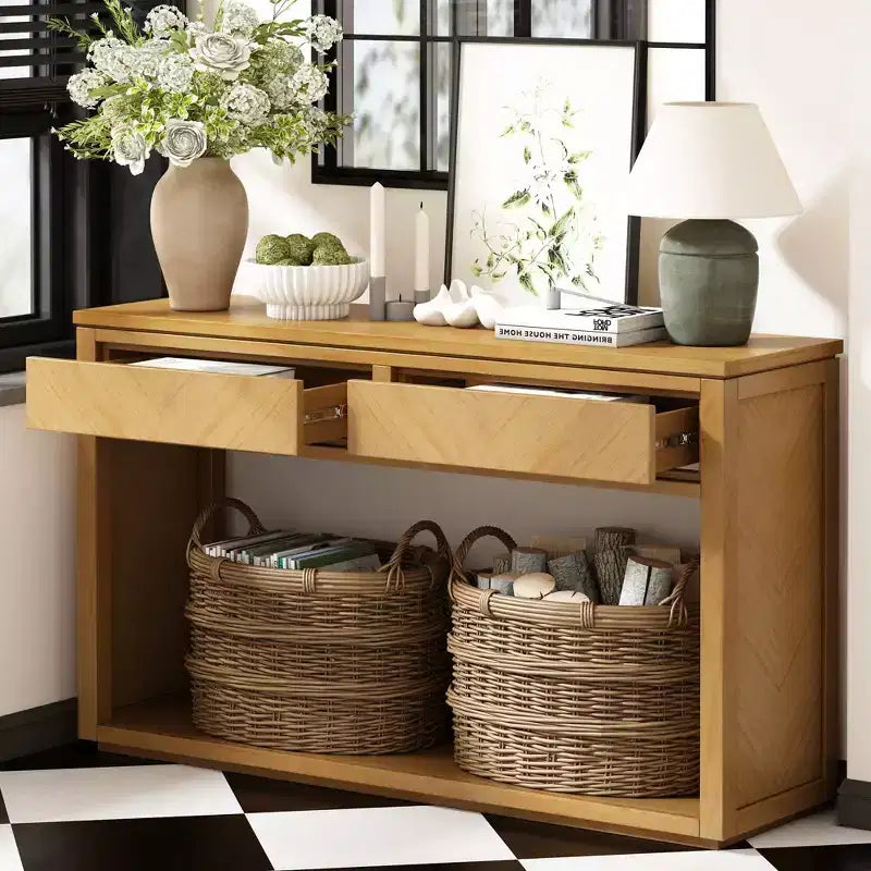 Console rustique avec rangement, table d'entrée de style fermier avec tiroirs et étagère ouverte, table de canapé vintage en bois pour couloir