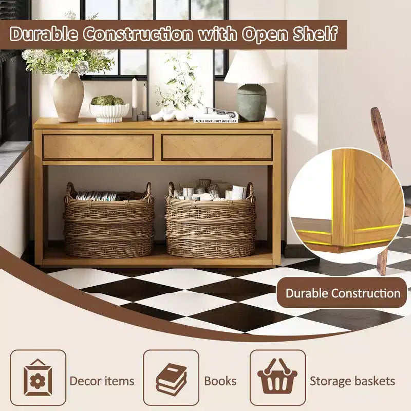 Console rustique avec rangement, table d'entrée de style fermier avec tiroirs et étagère ouverte, table de canapé vintage en bois pour couloir
