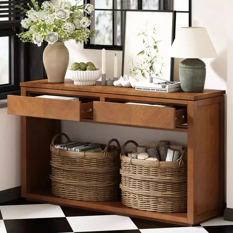 Rustic Console Table with Storage, Farmhouse Entryway Table with Drawers and Open Shelf, Wood Vintage Sofa Table for Hallway